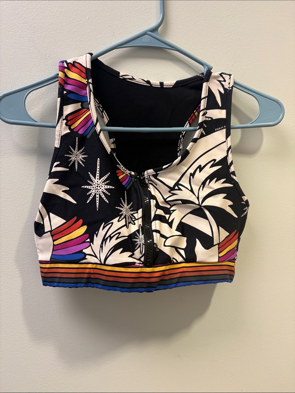 FARM Rio Black Tropical Zip-Front Sports Bra with Rainbow Stripe Hem